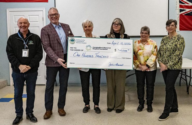 The Campbellford Memorial Hospital (CMH) Auxiliary presented a $100,000 cheque to the CMH Foundation on April 10, 2026 for the purchase of patient equipment at the Trent Hills hospital. Pictured are CMH Foundation executive director John Russell, CMH CEO Jeff Hohenkerk, CMH Auxiliary past president Jill Stewart, CMH Auxiliary president Liz Mathewson, CMH Auxiliary treasurer Lenore Whitney, and CMH Auxiliary gift shop treasurer Peggy Hinan. (Photo: CMH Auxiliary)