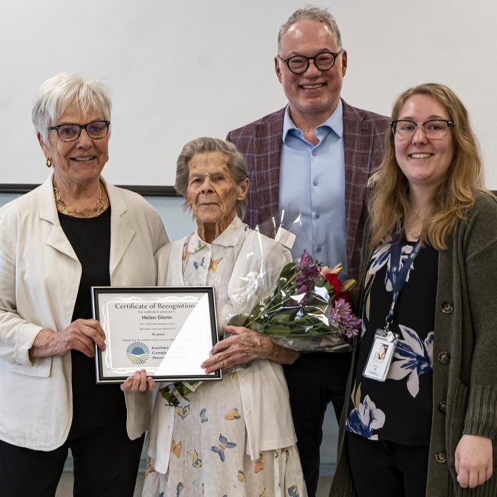 During the Campbellford Memorial Hospital (CMH) Auxiliary's annual general meeting on April 10, 2026, Helen Glenn received recognition for her 35 years of volunteer service. Also pictured are CMH Auxiliary past president Jill Stewart, Helen Glenn, CMH CEO Jeff Hohenkerk, and Helen's granddaughter Jalene Langsy. (Photo: CMH Auxiliary)