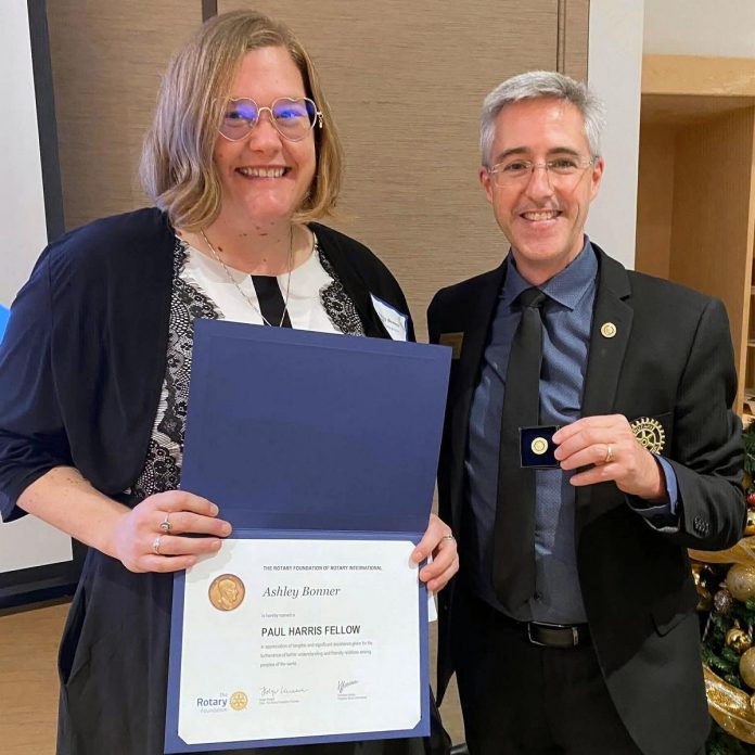 Ashley Bonner receives the Paul Harris Fellow recognition from Rotary Club of Peterborough President Tony Grady in 2025 in the community service category, given to those who make a significant leadership contribution to the community. (Photo: Rotary Club of Peterborough)