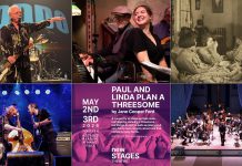 encoreNOW for April 20, 2026 features (from left to right, top and bottom) Goddo at Peterborough's Showplace, Rob Phillips and Carling Stephen at the Black Horse during the International Jazz Day Peterborough's Dine with Jazz series (photo by Andy Carroll), a screening of the 1921 silent film "Through the Back Door" at Lindsay's Academy Theatre, The Weber Brothers at Peterborough's Market Hall and Lindsay's Academy Theatre, "Paul and Linda Plan A Threesome" at Peterborough's Market Hall, and the Kawartha String Orchestra at Thomas A. Stewart Secondary School. (kawarthaNOW collage)