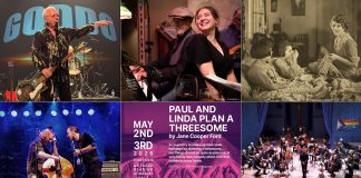 encoreNOW for April 20, 2026 features (from left to right, top and bottom) Goddo at Peterborough's Showplace, Rob Phillips and Carling Stephen at the Black Horse during the International Jazz Day Peterborough's Dine with Jazz series (photo by Andy Carroll), a screening of the 1921 silent film "Through the Back Door" at Lindsay's Academy Theatre, The Weber Brothers at Peterborough's Market Hall and Lindsay's Academy Theatre, "Paul and Linda Plan A Threesome" at Peterborough's Market Hall, and the Kawartha String Orchestra at Thomas A. Stewart Secondary School. (kawarthaNOW collage)