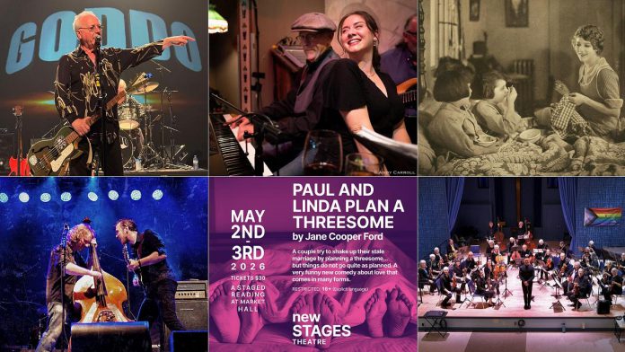 encoreNOW for April 20, 2026 features (from left to right, top and bottom) Goddo at Peterborough's Showplace, Rob Phillips and Carling Stephen at the Black Horse during the International Jazz Day Peterborough's Dine with Jazz series (photo by Andy Carroll), a screening of the 1921 silent film "Through the Back Door" at Lindsay's Academy Theatre, The Weber Brothers at Peterborough's Market Hall and Lindsay's Academy Theatre, "Paul and Linda Plan A Threesome" at Peterborough's Market Hall, and the Kawartha String Orchestra at Thomas A. Stewart Secondary School. (kawarthaNOW collage)