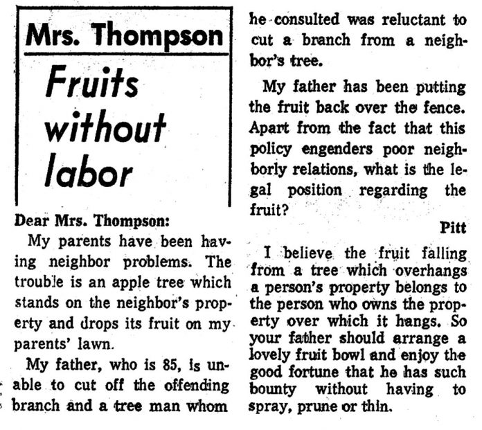 An "Elizabeth Thompson Advises" column, written by JoEllen Brydon's mother Jean Armstrong Brydon, answered a reader who asked what his father should do about a neighbour's apple tree dropping fruit on his property. As Elizabeth Thompson, her writing was witty, sympathetic, and socially aware. (Photo courtesy of JoEllen Brydon)