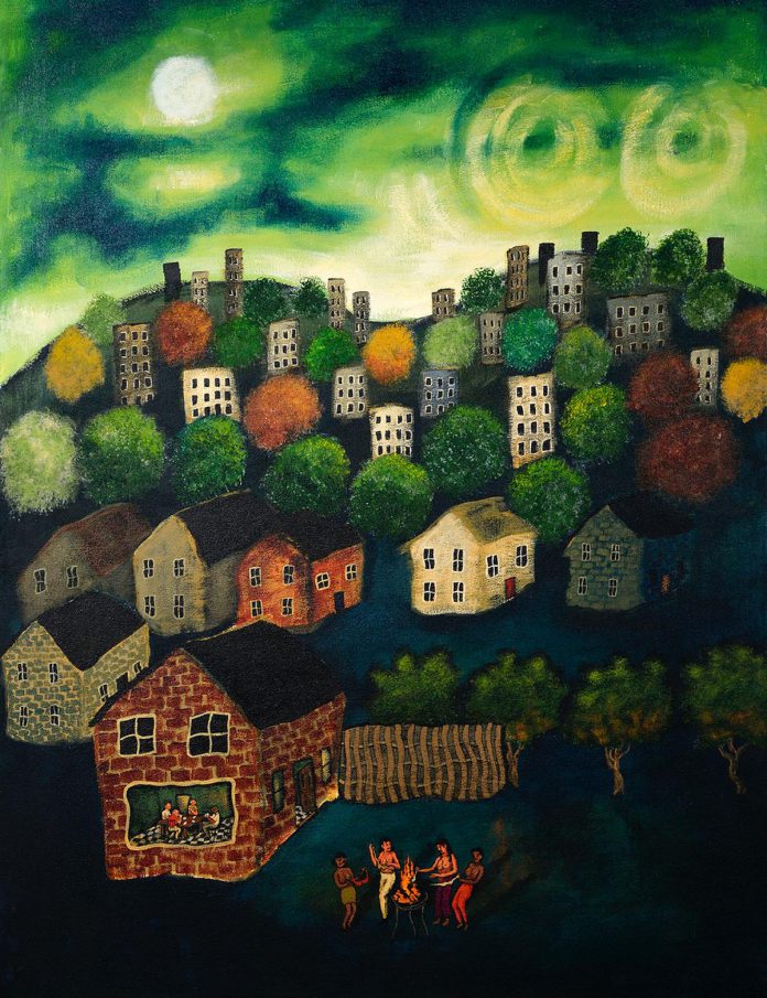 "Women rebel at wearing bras, burn them in a barbecue" (acrylic on canvas, 2021) is one of several paintings that are included in JoEllen Brydon's multi-media exhibition "Elizabeth Thompson Advises" at the Art Gallery of Peterborough from April 18 to June 28, 2026. Featuring letters written to and from her mother a pseudonymous advice columnist for The Globe and Mail from 1966 and 1978, the exhibition depicts the stories behind the letters through paintings, audio recordings, and short films. (Photo courtesy of JoEllen Brydon)