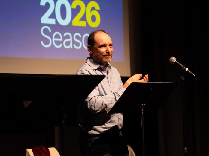 New Stages Theatre's artistic director Mark Wallace during the announcement of the Peterborough theatre company's 2025-26 season at Market Hall Performing Arts Centre on June 14, 2025. Based on feedback from a subscriber survey, the season featured more comedic productions, including "Paul and Linda Plan a Threesome," which Wallace also directs. (Photo: Andy Carroll)