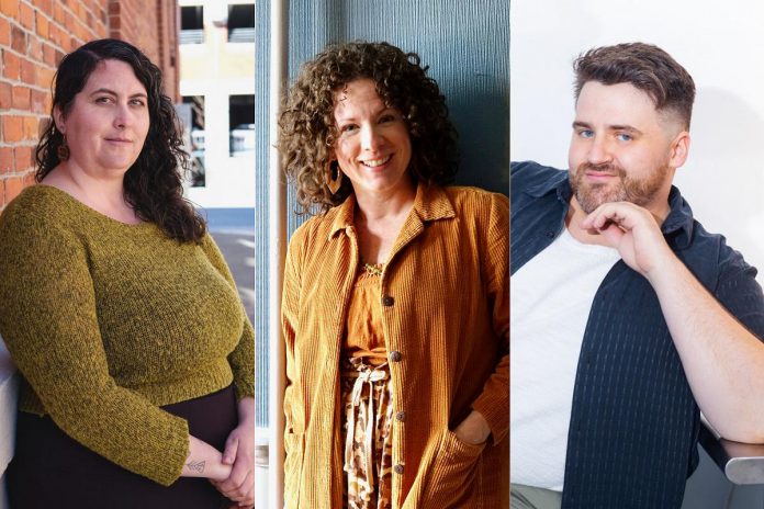 The creative team of New Stages Theatre's staged reading of "Paul and Linda Plan a Threesome" includes stage manager Shannon McKenzie LeBlanc, costume and set designer Jen Naus, and intimacy director Greg Carruthers. (kawarthaNOW collage of supplied photos)