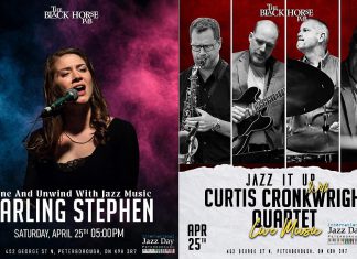 Jazz takes over the Black Horse Pub in downtown Peterborough on Saturday night as International Jazz Day Peterborough presents jazz vocalist Carling Stephen followed by the Curtis Cronkwright Quartet featuring Chris Gale on saxophone, Nathan Hiltz on guitar, Duncan Hopkins on bass, and Peterborough's own Curtis Cronkwright on drums. (Graphics: Black Horse Pub)