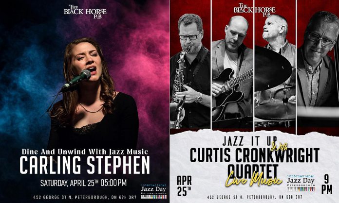 Jazz takes over the Black Horse Pub in downtown Peterborough on Saturday night as International Jazz Day Peterborough presents jazz vocalist Carling Stephen followed by the Curtis Cronkwright Quartet featuring Chris Gale on saxophone, Nathan Hiltz on guitar, Duncan Hopkins on bass, and Peterborough's own Curtis Cronkwright on drums. (Graphics: Black Horse Pub)