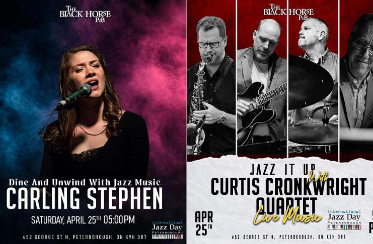 Jazz takes over the Black Horse Pub in downtown Peterborough on Saturday night as International Jazz Day Peterborough presents jazz vocalist Carling Stephen followed by the Curtis Cronkwright Quartet featuring Chris Gale on saxophone, Nathan Hiltz on guitar, Duncan Hopkins on bass, and Peterborough's own Curtis Cronkwright on drums. (Graphics: Black Horse Pub)