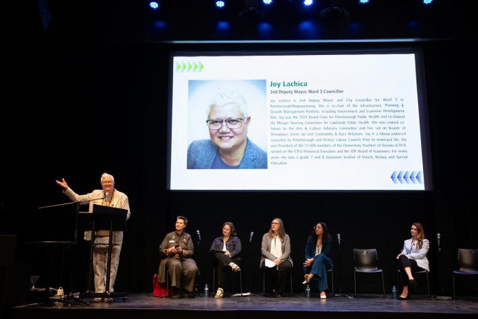 Joy Lachica, Town Ward councillor for the City of Peterborough, speaks at the "A Conversation About The Status of Women In Our Community" event at Market Hall in downtown Peterborough on March 31, 2026, presented by Maryam Monsef's organization ONWARD in partnership with the Peterborough and Kawarthas Chamber of Commerce. (Photo: Jordan Lyall / kawarthaNOW)