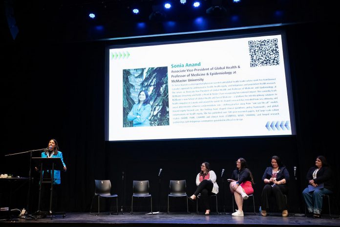 Dr. Sonia Anand, associate vice president of global health and professor of medicine and epidemiology at McMaster University, speaks at the "A Conversation About The Status of Women In Our Community" event at Market Hall in downtown Peterborough on March 31, 2026, presented by Maryam Monsef's organization ONWARD in partnership with the Peterborough and Kawarthas Chamber of Commerce. (Photo: Jordan Lyall / kawarthaNOW)