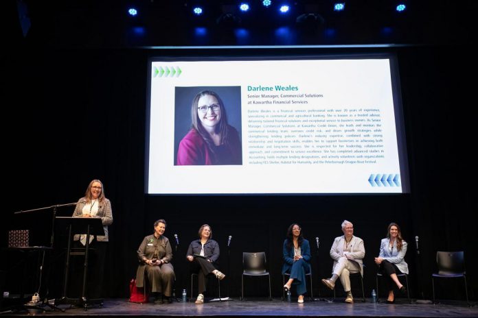 Darlene Weales, senior manager of commercial solutions at Kawartha Financial Services (formerly Kawartha Credit Union), speaks at the "A Conversation About The Status of Women In Our Community" event at Market Hall in downtown Peterborough on March 31, 2026, presented by Maryam Monsef's organization ONWARD in partnership with the Peterborough and Kawarthas Chamber of Commerce. (Photo: Jordan Lyall / kawarthaNOW)
