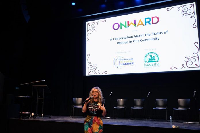 Peterborough author Erica Richmond speaks during the open mic portion of the "A Conversation About The Status of Women In Our Community" event at Market Hall in downtown Peterborough on March 31, 2026, presented by Maryam Monsef's organization ONWARD in partnership with the Peterborough and Kawarthas Chamber of Commerce. (Photo: Jordan Lyall / kawarthaNOW)