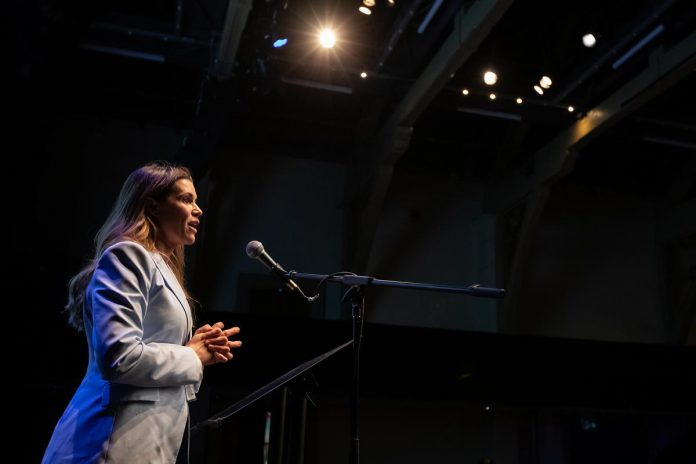 Peterborough MP Emma Harrison speaks at the "A Conversation About The Status of Women In Our Community" event at Market Hall in downtown Peterborough on March 31, 2026, presented by Maryam Monsef's organization ONWARD in partnership with the Peterborough and Kawarthas Chamber of Commerce. (Photo: Jordan Lyall / kawarthaNOW)