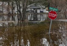 Flooding on Orde Street, which runs along the Gull River in Minden, Ontario, on April 16, 2026. (Photo: Dominion Hotel and Pub / Facebook)