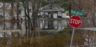 Flooding on Orde Street, which runs along the Gull River in Minden, Ontario, on April 16, 2026. (Photo: Dominion Hotel and Pub / Facebook)