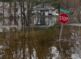 Flooding on Orde Street, which runs along the Gull River in Minden, Ontario, on April 16, 2026. (Photo: Dominion Hotel and Pub / Facebook)