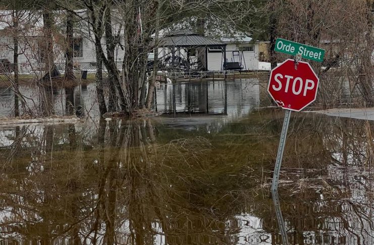 Flooding on Orde Street, which runs along the Gull River in Minden, Ontario, on April 16, 2026. (Photo: Dominion Hotel and Pub / Facebook)