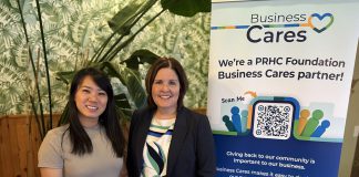 Hanoi House owner Susan Tung with Peterborough Regional Health Centre (PRHC) Foundation President and CEO Lesley Heighway during the launch of the PRHC Foundation's "Business Cares" program at Tung's Vietnamese restaurant on April 28, 2026. The new program is designed to make it simple for businesses like Tung's to show their support for the $70 million Campaign for PRHC while also strengthening their own brand in the community. (Photo courtesy of PRHC Foundation)