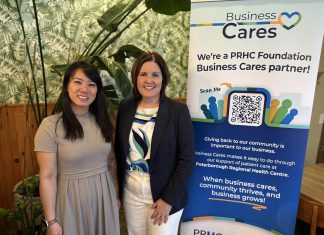 Hanoi House owner Susan Tung with Peterborough Regional Health Centre (PRHC) Foundation President and CEO Lesley Heighway during the launch of the PRHC Foundation's "Business Cares" program at Tung's Vietnamese restaurant on April 28, 2026. The new program is designed to make it simple for businesses like Tung's to show their support for the $70 million Campaign for PRHC while also strengthening their own brand in the community. (Photo courtesy of PRHC Foundation)