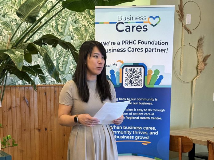 Hanoi House owner Susan Tung speaks during the launch of Peterborough Regional Health Centre (PRHC) Foundation's new "Business Cares" program at her Vietnamese restaurant on April 28, 2026. Through the program, business owners like Tung can inspire and engage their employees and customers to support the regional hospital and also gain valuable exposure for their business. (Photo courtesy of PRHC Foundation)