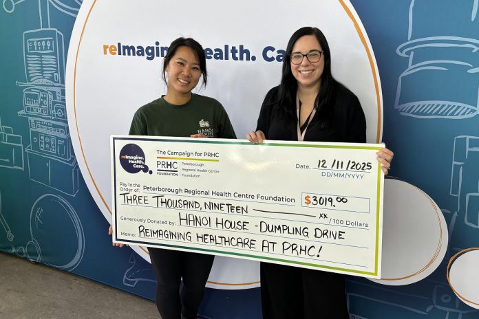 Hanoi House owner Susan Tung (left) presents a $3,019 cheque to Ashley Marcoux, senior charitable giving advisor at the Peterborough Regional Health Centre (PRHC) Foundation, on November 11, 2025, representing the proceeds of a month-long fundraiser where 50 per cent of sales of the Vietnamese restaurant's frozen handmade dumplings were directed to the PRHC Foundation. Under the Foundation's new "Business Cares" program, once a business supports the PRHC Foundation with $1,000 annually, they can become a Business Cares partner and receive added recognition and benefits from the Foundation. (Photo courtesy of PRHC Foundation)