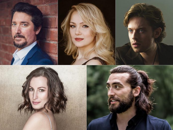 Featured soloists for the Peterborough Symphony Orchestra's "The Creation" concert at Emmanuel United Church in Peterborough with the Peterborough Singers include (left to right, top and bottom) baritone Alexander Dobson, soprano Karoline Podolak, tenor Jacob Abrahamse, soprano Shannon McCracken, and bass William Kraushaar. There will be two performances of the concert at 7:30 p.m. on Saturday, May 9 and at 3 p.m. on Sunday, May 10. (kawarthaNOW collage)