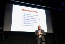 Municipal governance expert Nigel Bellchamber led a seminar entitled "So, You Want to Run for Council - Candidate 101 Information Session" at the Market Hall Performing Arts Centre in downtown Peterborough on March 31, 2026. The session was presented by the City of Peterborough along with the eight townships of Peterborough County. (Photo: Jordan Lyall / kawarthaNOW)