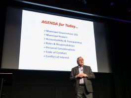 Municipal governance expert Nigel Bellchamber led a seminar entitled "So, You Want to Run for Council - Candidate 101 Information Session" at the Market Hall Performing Arts Centre in downtown Peterborough on March 31, 2026. The session was presented by the City of Peterborough along with the eight townships of Peterborough County. (Photo: Jordan Lyall / kawarthaNOW)