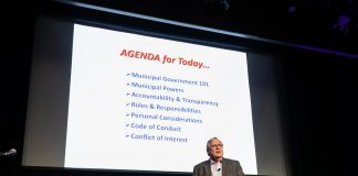 Municipal governance expert Nigel Bellchamber led a seminar entitled "So, You Want to Run for Council - Candidate 101 Information Session" at the Market Hall Performing Arts Centre in downtown Peterborough on March 31, 2026. The session was presented by the City of Peterborough along with the eight townships of Peterborough County. (Photo: Jordan Lyall / kawarthaNOW)