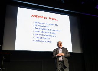 Municipal governance expert Nigel Bellchamber led a seminar entitled "So, You Want to Run for Council - Candidate 101 Information Session" at the Market Hall Performing Arts Centre in downtown Peterborough on March 31, 2026. The session was presented by the City of Peterborough along with the eight townships of Peterborough County. (Photo: Jordan Lyall / kawarthaNOW)