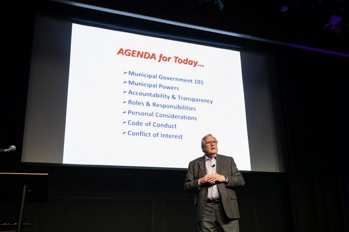 Municipal governance expert Nigel Bellchamber led a seminar entitled "So, You Want to Run for Council - Candidate 101 Information Session" at the Market Hall Performing Arts Centre in downtown Peterborough on March 31, 2026. The session was presented by the City of Peterborough along with the eight townships of Peterborough County. (Photo: Jordan Lyall / kawarthaNOW)