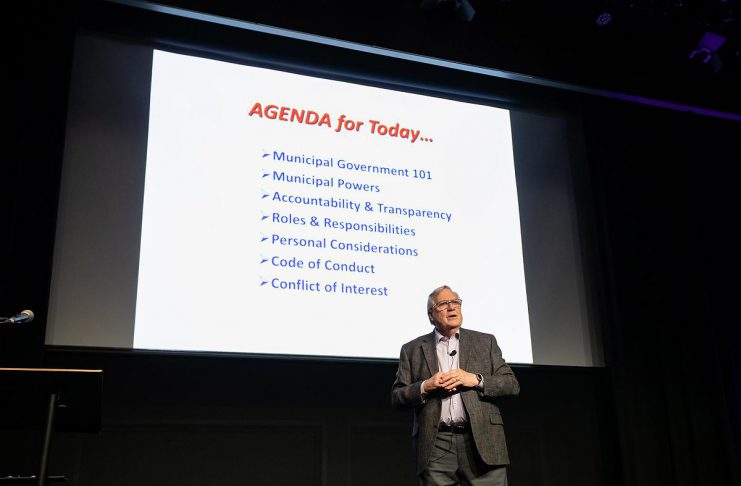 Municipal governance expert Nigel Bellchamber led a seminar entitled "So, You Want to Run for Council - Candidate 101 Information Session" at the Market Hall Performing Arts Centre in downtown Peterborough on March 31, 2026. The session was presented by the City of Peterborough along with the eight townships of Peterborough County. (Photo: Jordan Lyall / kawarthaNOW)