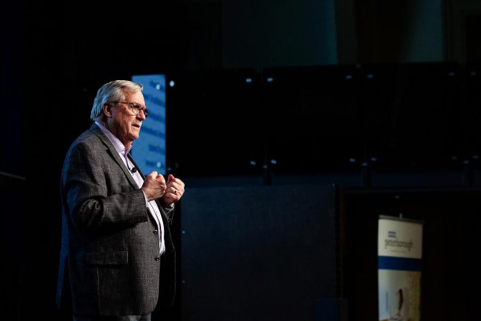 Municipal governance expert Nigel Bellchamber speaks to the audience at Market Hall Performing Arts Centre in downtown Peterborough during the "So, You Want to Run for Council - Candidate 101 Information Session" on March 31, 2026. (Photo: Jordan Lyall / kawarthaNOW)