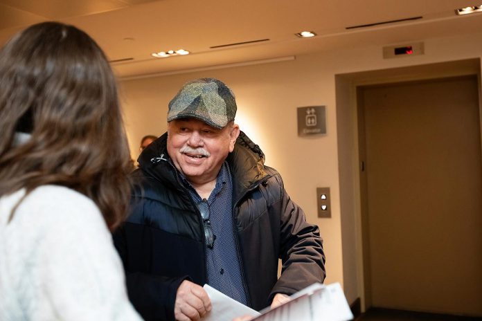 City of Peterborough Ashburnham Ward councillor Keith Riel in the lobby at Market Hall Performing Arts Centre in downtown Peterborough during the "So, You Want to Run for Council - Candidate 101 Information Session" on March 31, 2026. Riel has announced his intention to run for mayor. (Photo: Jordan Lyall / kawarthaNOW)