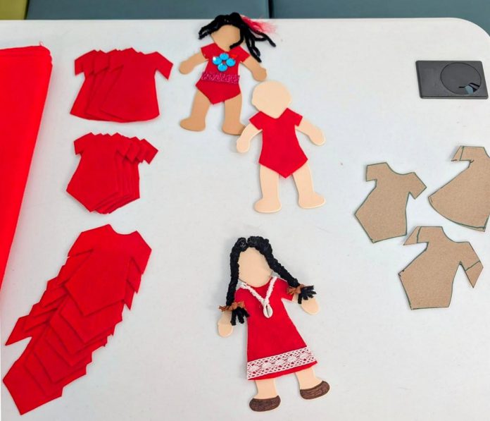 The Urban Indigenous Working Group in Nogojiwanong/Peterborough held a workshop at the Peterborough Public Library on April 27, 2026 to create faceless dolls for display on Red Dress Day. (Photo: Mshkiki Gitigaan Kwe)