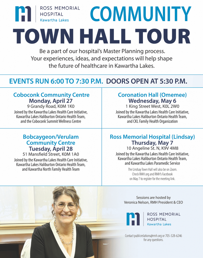 The schedule of community town halls hosted by Ross Memorial Hospital in Lindsay. (Graphic: Ross Memorial Hospital)