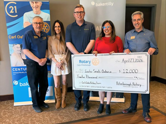 At its meeting on April 27, 2026, the Rotary Club of Peterborough presents a $12,000 cheque to Easter Seals Ontario, representing a portion of the $51,286.35 raised at the 40th annual Carl Oake Rotary Swim held on February 27. Pictured from left to right are Rotarian Ken Seim, Century 21 United owner Vanessa Oake Hogan, Baker Tilly managing partner Jeff Taylor, Easter Seals Ontario development officer Andrea Peterson, and Rotary Club of Peterborough president Tony Grady. (Photo courtesy of Rotary Club of Peterborough)