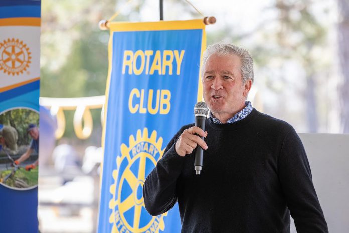 Paul Hickey announced a $50,000 donation from his family for the new Rotary Accessible Playground, as a tribute to his late father Bob Hickey, during an event at the Riverview Park and Zoo on April 22, 2026. (Photo: Jordan Lyall / kawarthaNOW)