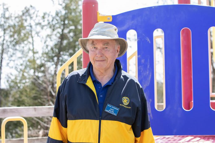 Rotarian Mike Evans, whose family foundation has pledged $40,000 for the new Rotary Accessible Playground, during an event at the Riverview Park and Zoo on April 22, 2026. (Photo: Jordan Lyall / kawarthaNOW)