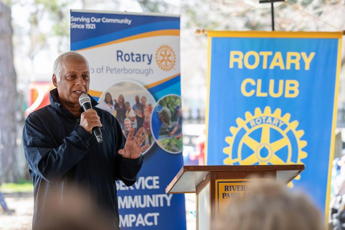 Rotarian Atul Swarup speaks on behalf of Darryl Goodall of Part Time CFO Services, who donated $10,000 for the new Rotary Accessible Playground, during an event at the Riverview Park and Zoo on April 22, 2026. (Photo: Jordan Lyall / kawarthaNOW)