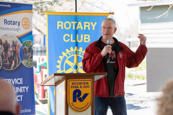 Barry Craft representing the Kinsmen Club of Peterborough, who have pledged to donate $6,000 for the new Rotary Accessible Playground, during an event at the Riverview Park and Zoo on April 22, 2026. (Photo: Jordan Lyall / kawarthaNOW)