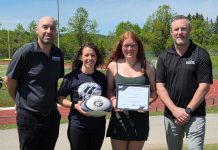 Peterborough athlete Clare Hutchinson named 2026 recipient of Steve Montador Bursary Claire Hutchinson (second from right) is the 2026 recipient of the Helping Others Participate Equally (HOPE) Bursary in honour of the late Steve Montador, who suffered concussions playing hockey that ultimately ended his career. Also pictured from left to right are Greater Peterborough Health Services Foundation (GPHSF) executive director Vince Bierworth, Hutchinson's teacher and coach Kristine McCracken, and HOPE board member Mike Keating. (Photo courtesy of GPHSF)