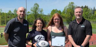 Peterborough athlete Clare Hutchinson named 2026 recipient of Steve Montador Bursary Claire Hutchinson (second from right) is the 2026 recipient of the Helping Others Participate Equally (HOPE) Bursary in honour of the late Steve Montador, who suffered concussions playing hockey that ultimately ended his career. Also pictured from left to right are Greater Peterborough Health Services Foundation (GPHSF) executive director Vince Bierworth, Hutchinson's teacher and coach Kristine McCracken, and HOPE board member Mike Keating. (Photo courtesy of GPHSF)