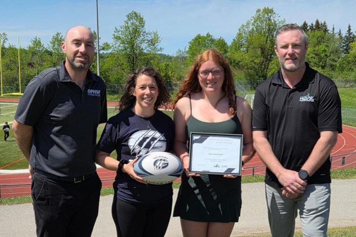 Claire Hutchinson (second from right) is the 2026 recipient of the Helping Others Participate Equally (HOPE) Bursary in honour of the late Steve Montador, who suffered concussions playing hockey that ultimately ended his career. Also pictured from left to right are Greater Peterborough Health Services Foundation (GPHSF) executive director Vince Bierworth, Hutchinson's teacher and coach Kristine McCracken, and HOPE board member Mike Keating. (Photo courtesy of GPHSF) Claire Hutchinson (second from right) is the 2026 recipient of the Helping Others Participate Equally (HOPE) Bursary in honour of the late Steve Montador, who suffered concussions playing hockey that ultimately ended his career. Also pictured from left to right are Greater Peterborough Health Services Foundation (GPHSF) executive director Vince Bierworth, Hutchinson's teacher and coach Kristine McCracken, and HOPE board member Mike Keating. (Photo courtesy of GPHSF)
