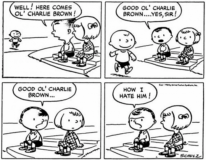 Charles M. Schulz's very first Peanuts comic strip published on October 2, 1950. The debut strip featured four panels and introduced three characters: Charlie Brown, Shermy, and Patty. Snoopy appeared two days later on October 4, 1950. Early on in the comic strip, Charlie Brown lacked his trademark zigzag shirt and Snoopy walked on all fours. (Public domain image)