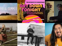 encoreNOW for May 18, 2026 features (from left to right, top and bottom) Northumberland Players season-ending production of "The Last Real Summer" at Cobourg's Firehall Theatre, Get Down Tonight featuring Leisa Way and the Wayward Wind Band at Bobcaygeon's Globus Theatre, a screening of Dr. Jenny Ingram's "No More Silent Battles" at Lakefield College School's Bryan Jones Theatre, Melissa Payne's Harmony for Healthcare benefit concert at Campbellford's Aron Theatre, Trent Valley Archives Theatre's "The Kid from Simcoe Street" at Peterborough's Market Hall, and "Chris Tsujiuchi's Big Gay Cabaret" at Port Hope's Capitol Theatre. (kawarthaNOW collage)
