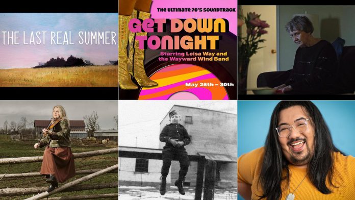 encoreNOW for May 18, 2026 features (from left to right, top and bottom) Northumberland Players season-ending production of "The Last Real Summer" at Cobourg's Firehall Theatre, Get Down Tonight featuring Leisa Way and the Wayward Wind Band at Bobcaygeon's Globus Theatre, a screening of Dr. Jenny Ingram's "No More Silent Battles" at Lakefield College School's Bryan Jones Theatre, Melissa Payne's Harmony for Healthcare benefit concert at Campbellford's Aron Theatre, Trent Valley Archives Theatre's "The Kid from Simcoe Street" at Peterborough's Market Hall, and "Chris Tsujiuchi's Big Gay Cabaret" at Port Hope's Capitol Theatre. (kawarthaNOW collage)