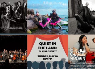 encoreNOW for May 4, 2026 features (from left to right, top and bottom) Tommy Youngsteen at Bancroft Village Playhouse and Peterborough's Market Hall, Public Energy's presentation of "Finding Home" at the Peterborough Theatre Guild, Ian Thomas at Lindsay's Academy Theatre, the Peterborough Symphony Orchestra with the Peterborough Singers at Emmanuel United Church, "Quiet in the Land" at the Peterborough Theatre Guild, and "You're a Good Man, Charlie Brown" at Port Hope's Capitol Theatre. (kawarthaNOW collage)