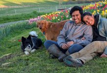 Garreth Dias and Jesvyl Dsilva with their dogs Lexie and Leo near the tulip patch on their 50-acre farm near Rice Lake south of Bailieboro. In 2021, the couple sold their Oakville condo and moved to northern Northumberland County despite not having any farming experience. Since then, Dias and Dsilva have been raising chickens and growing food on Eyra Estate and has seen a huge demand for their tulip agri-tourism experience where they invite people learn about farm life. (Photo courtesy of Garreth Dias and Jesvyl Dsilva)